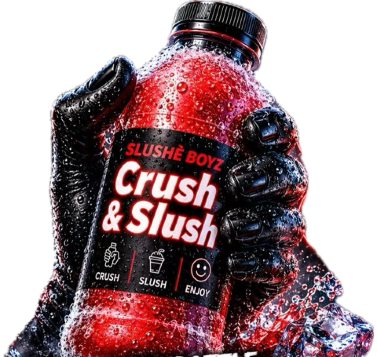 The real SLUSHÈ BOYZ Crush & Slush bottle — frosty red slush under a black cap, matte black label reading Crush & Slush above the CRUSH, SLUSH, ENJOY icons, held in a gloved hand